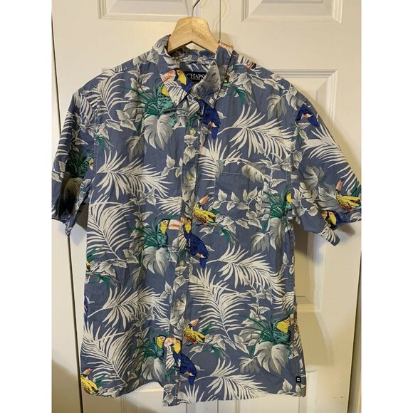 Chaps Mens Sz L Hawaiian camp shirt blue toucan cotton short sleeve‎ button up - Picture 4 of 5